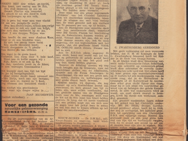 1961 Krantenbericht G. Zwartsenberg geridderd De Veenkoloniale 4 mei 1961